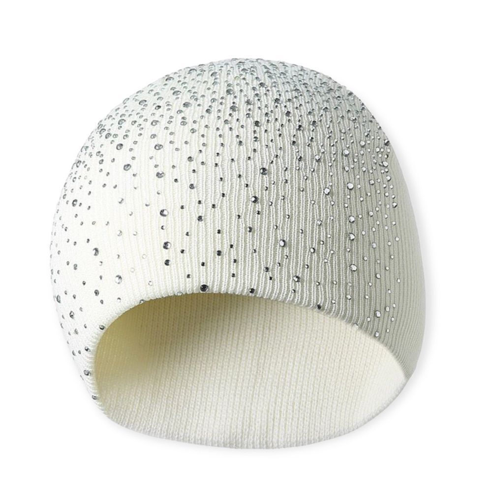 White Rhinestone Fitted Knit Winter Beanie NWT